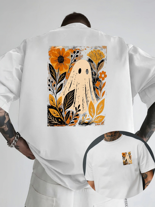 Men's Graphic T-Shirt Autumn Blooms With Orange Petals Surrounding A Whimsical Ghost