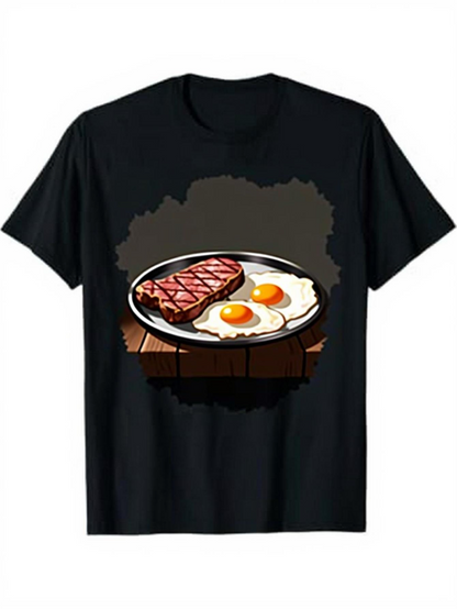 Men's Graphic T-Shirt Rustic Wooden Tabletop With Fried Eggs And Juicy Grilled Steak Plate