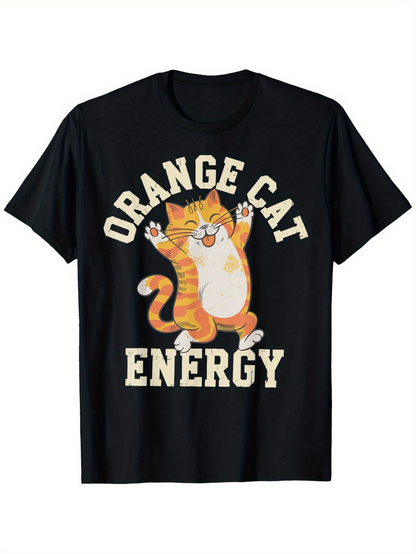 Men's Graphic T-Shirt Orange Cat Energy With Cheerful Cartoon Style Smiling Happy Cat