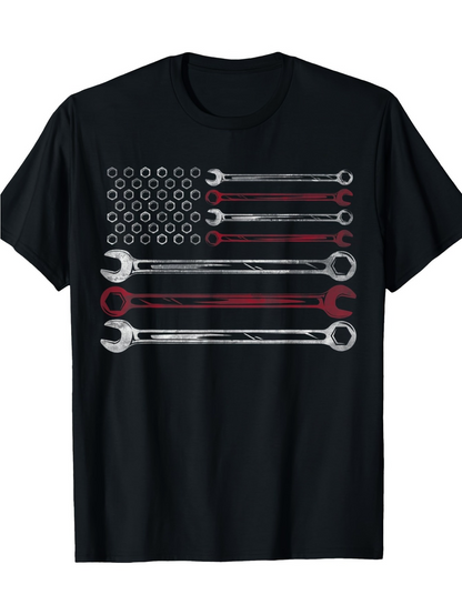 Men's Graphic T-Shirt Metallic Spanners Arranged Like Stripes With Circular Nuts Flag
