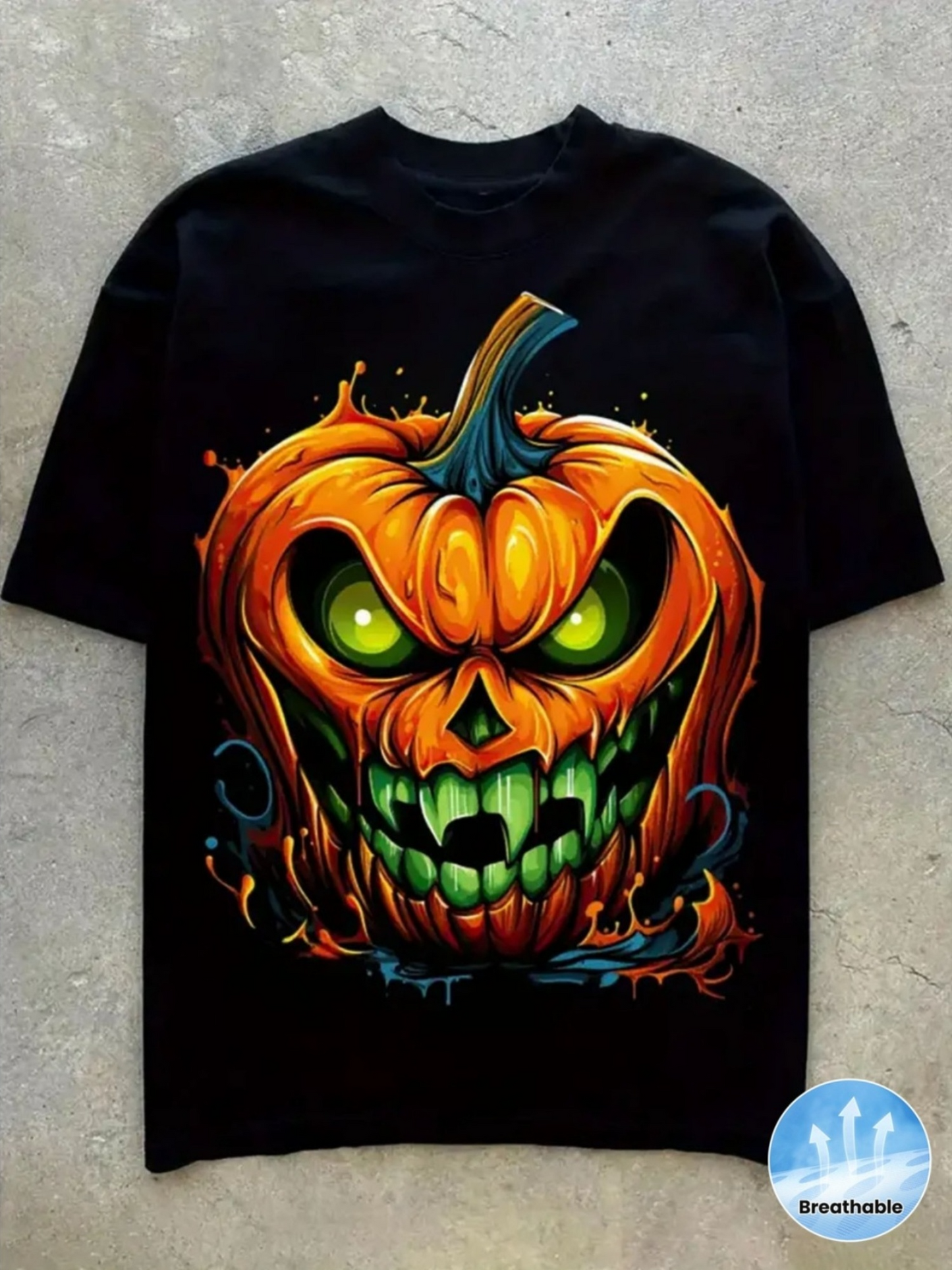 Men's Graphic T-Shirt Glowing Green Flames Erupting Around Menacing Halloween Pumpkin