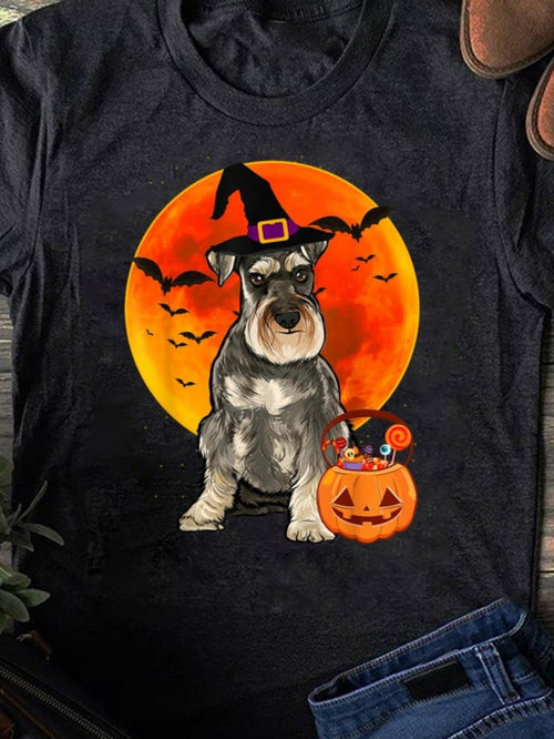 Men's Graphic T-Shirt Halloween Night Glowing Moon With Witch Hat And Pumpkin Dog
