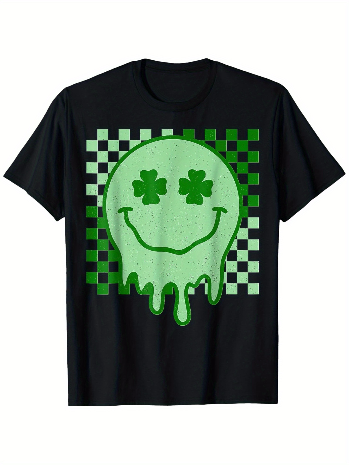 Men's Graphic T-Shirt Melting Shamrock Smile With Vibrant Green Checkered Graphic Face