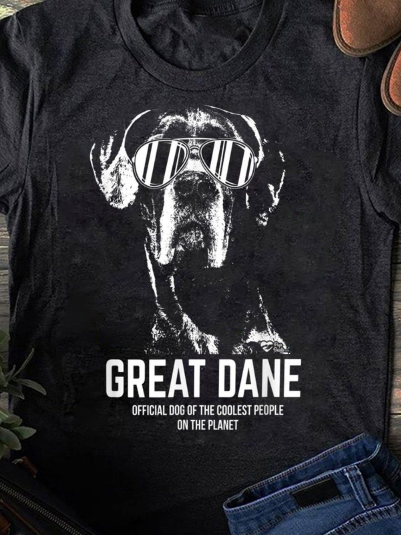 Men's Graphic T-Shirt Great Dane Wearing Striped Sunglasses Under Cool Retro Vibe Dog