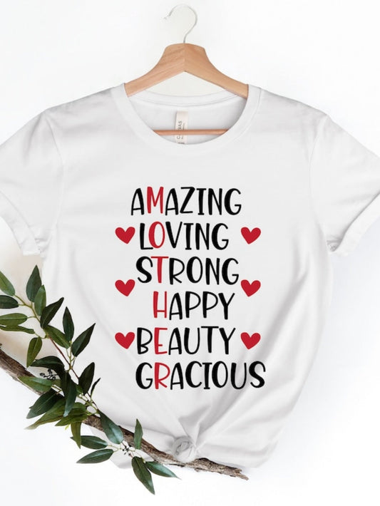 Women's Graphic T-Shirt Amazing Loving Strong Happy Beauty Gracious With Red Heart Accents Mother
