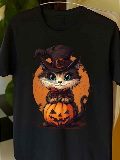 Men's Graphic T-Shirt Whimsical Black Cat With Witch Hat Holding Pumpkin Lantern
