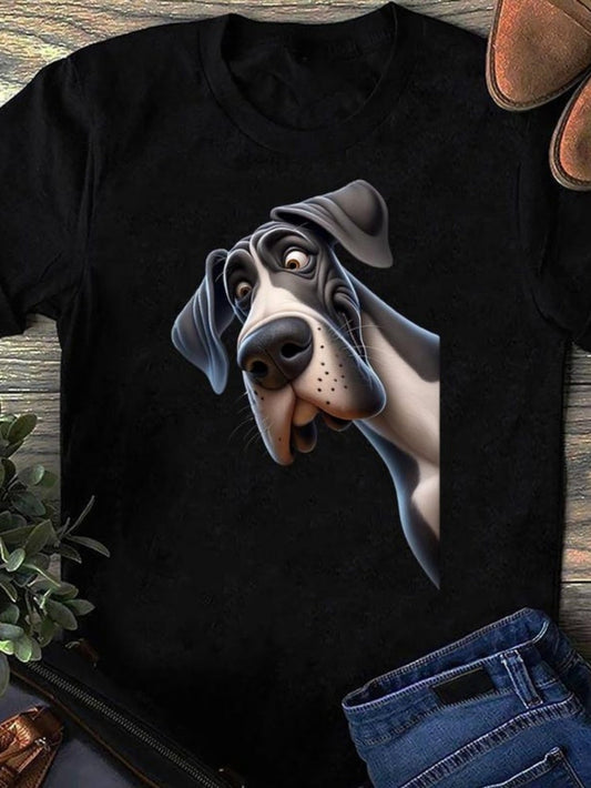 Women's Graphic T-Shirt Playful Cartoon Style Big Eyed Dog Under Gentle Light