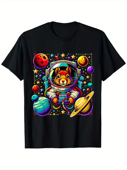 Men's Graphic T-Shirt Colorful Floating Planets With Stars And Adorable Astronaut Bear
