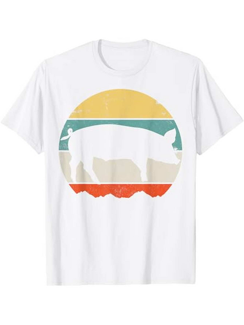 Men's Graphic T-Shirt Vintage Sunset With Retro Stripes Surrounding A Silhouette Of Pig