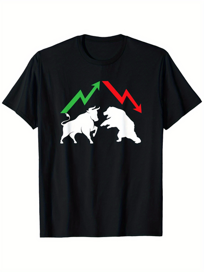 Men's Graphic T-Shirt Green And Red Zigzag Arrows With Bull And Bear Silhouettes