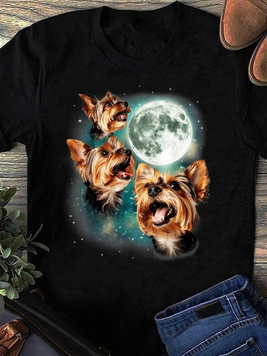 Women's Graphic T-Shirt Full Moon With Glowing Stars And Playful Yorkshire Terrier Dogs