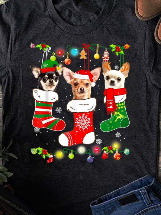 Women's Graphic T-Shirt Christmas Lights Hanging Stockings With Festive Dogs And Holiday Decorations Puppies