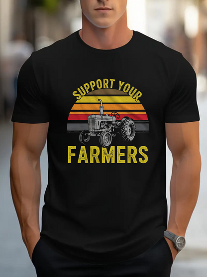 Men's Graphic T-Shirt Support Your Farmers Retro Sunset With Vintage Tractor Illustration