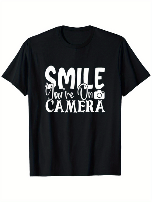 Men's Graphic T-Shirt Smile Youre On Camera With Simple Bold Lettering And Small Camera Icon