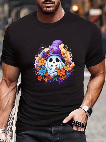 Men's Graphic T-Shirt Purple Witch Hat With Colorful Flowers And Smiling Skull Centerpiece
