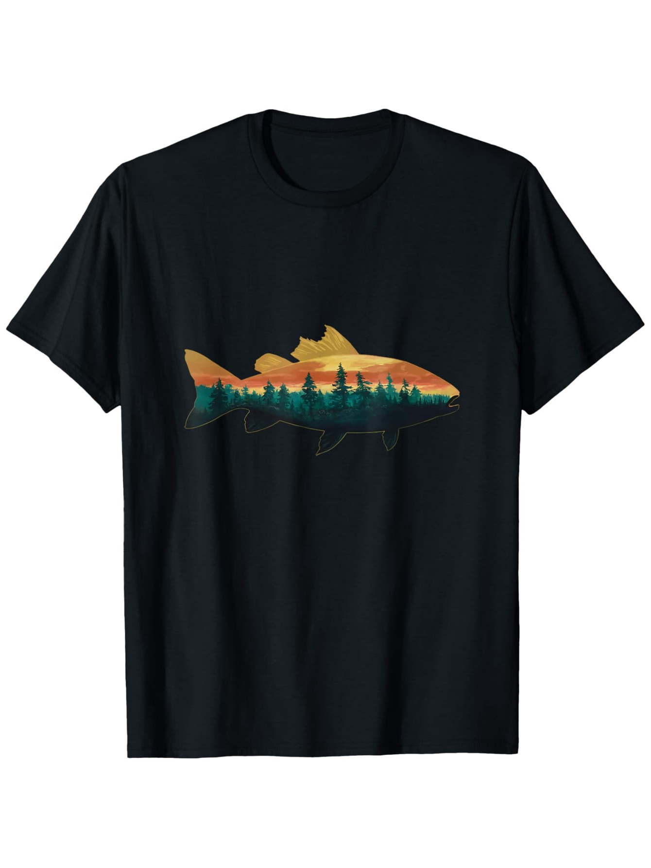 Men's Graphic T-Shirt Sunset Forest Reflected In Still Water With A Large Fish