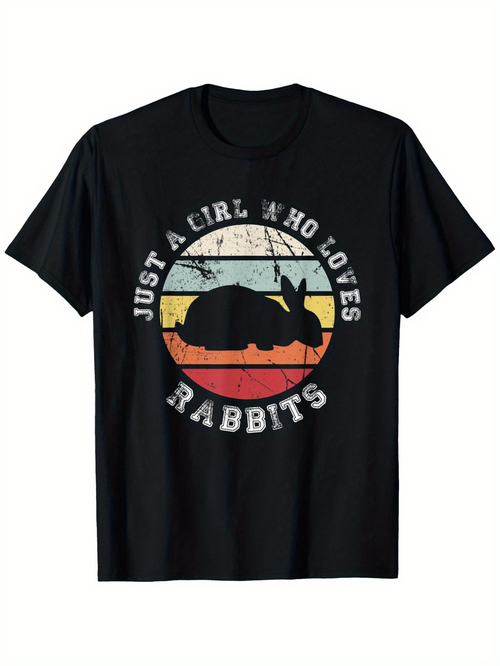Men's Graphic T-Shirt Just A Girl Who Loves Rabbits Vintage Rainbow Silhouette Sunset With Black Rabbit