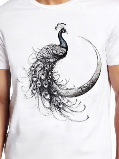 Men's Graphic T-Shirt Flowing Elegant Feathers With Crescent Moon Surrounding Majestic Peacock
