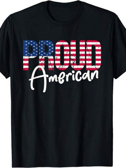 Men's Graphic T-Shirt Proud American Bold Letters With Flag Colors On Solid Black Shirt