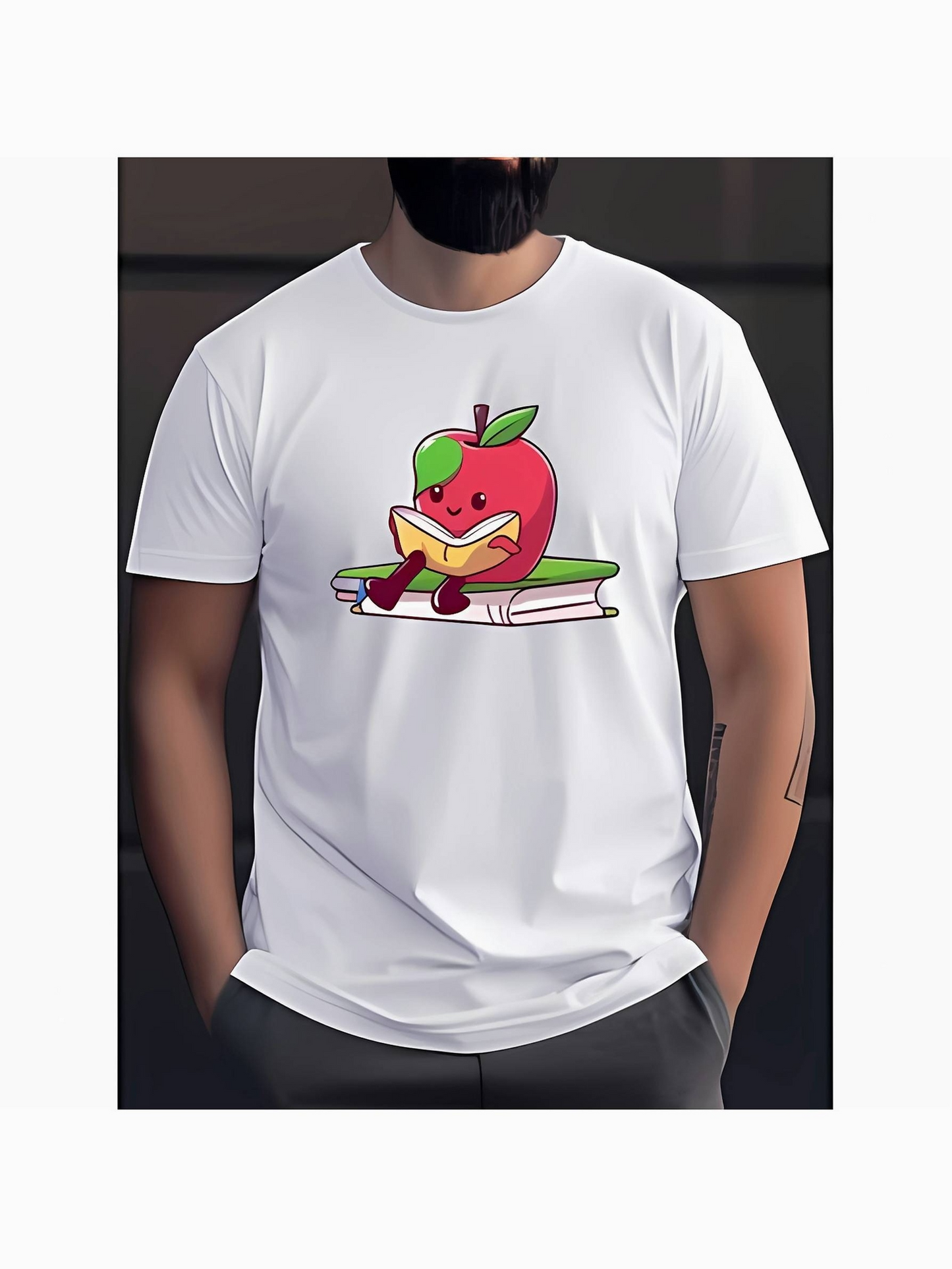 Men's Graphic T-Shirt Cartoon Green Leaf With Books Playful Red Apple