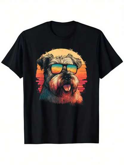 Men's Graphic T-Shirt Sunset Reflections Cool Sunglasses Dog With Vibrant Orange Glow