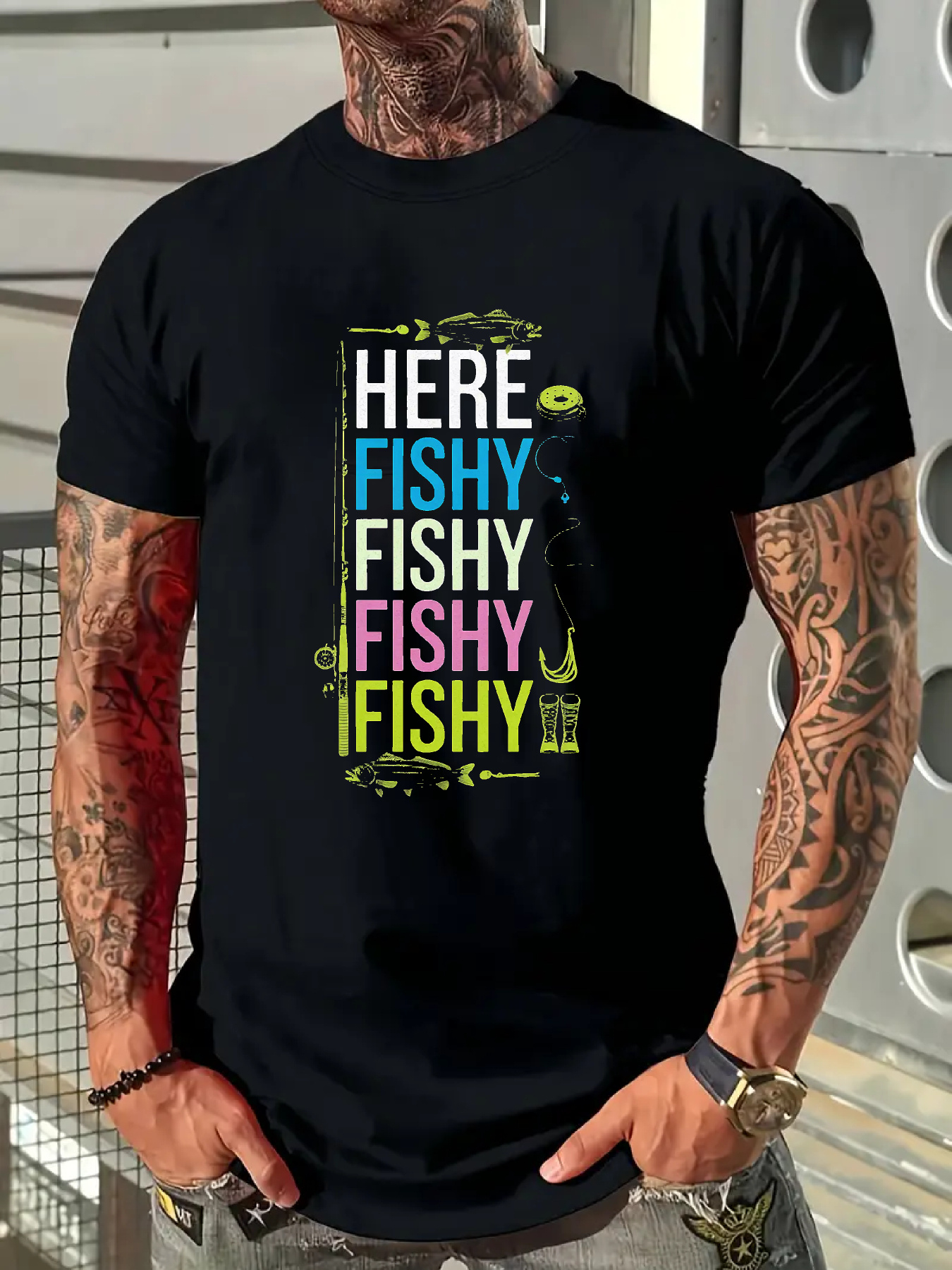 Men's Graphic T-Shirt Here Fishy Fishy Fishy Summoning Bright Colors For Playful Fish