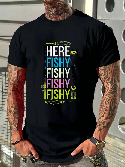 Men's Graphic T-Shirt Here Fishy Fishy Fishy Summoning Bright Colors For Playful Fish