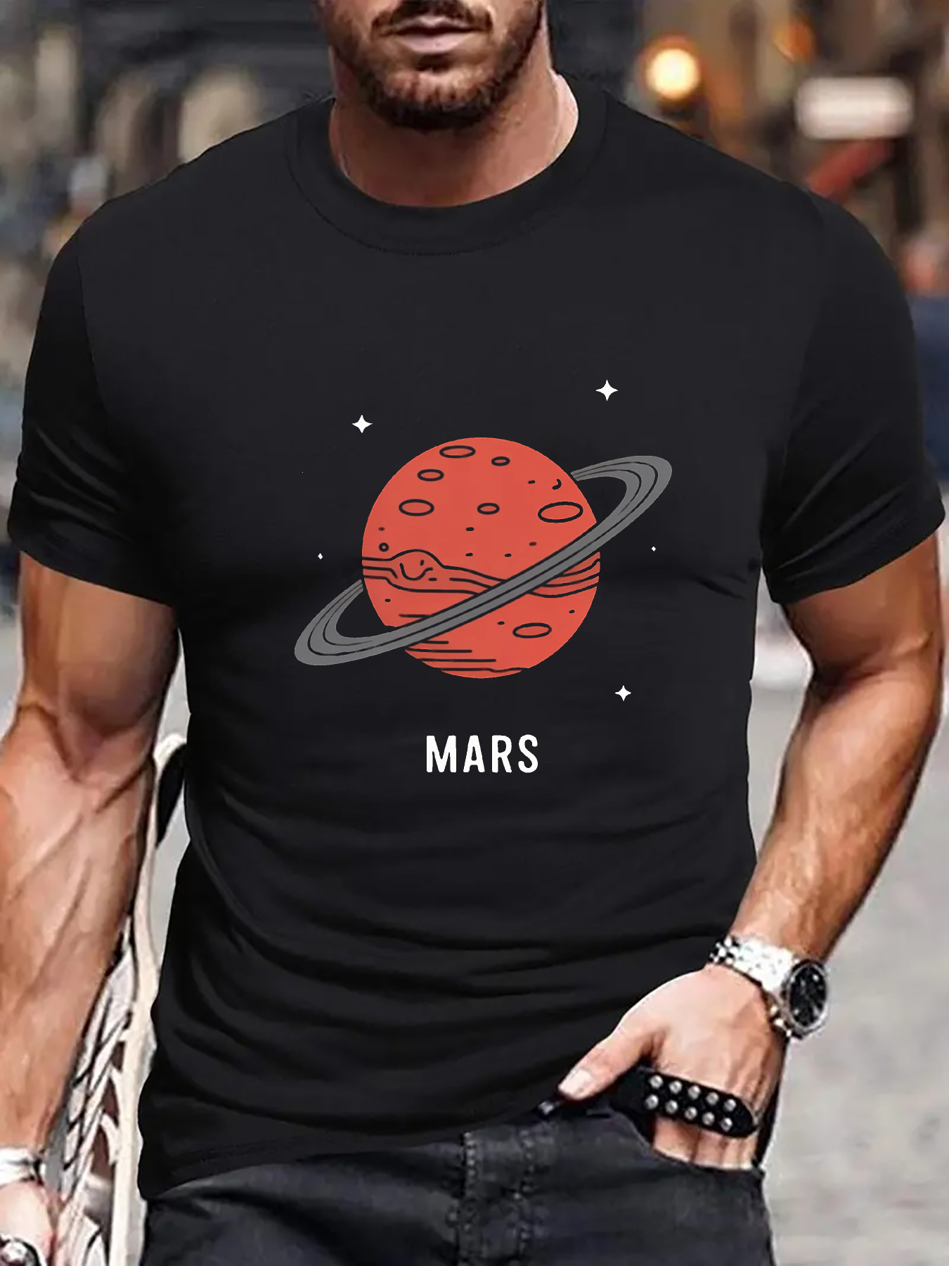Men's Graphic T-Shirt Mars Red Planet With Stars And Surrounding Rings Illustration