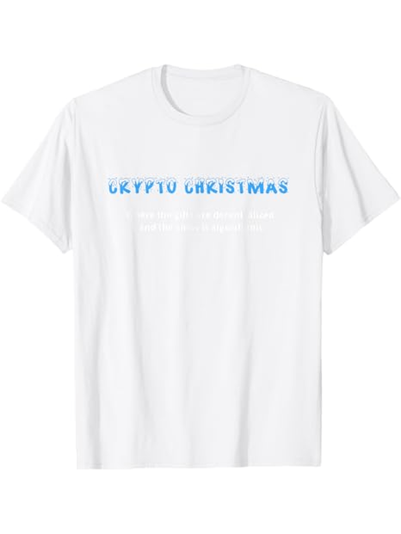 Men's Graphic T-Shirt Crypto Christmas With Blue Letters Centered On White Shirt