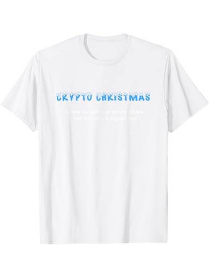 Men's Graphic T-Shirt Crypto Christmas With Blue Letters Centered On White Shirt