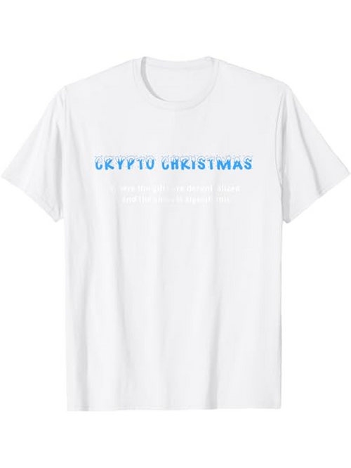 Men's Graphic T-Shirt Crypto Christmas With Blue Letters Centered On White Shirt