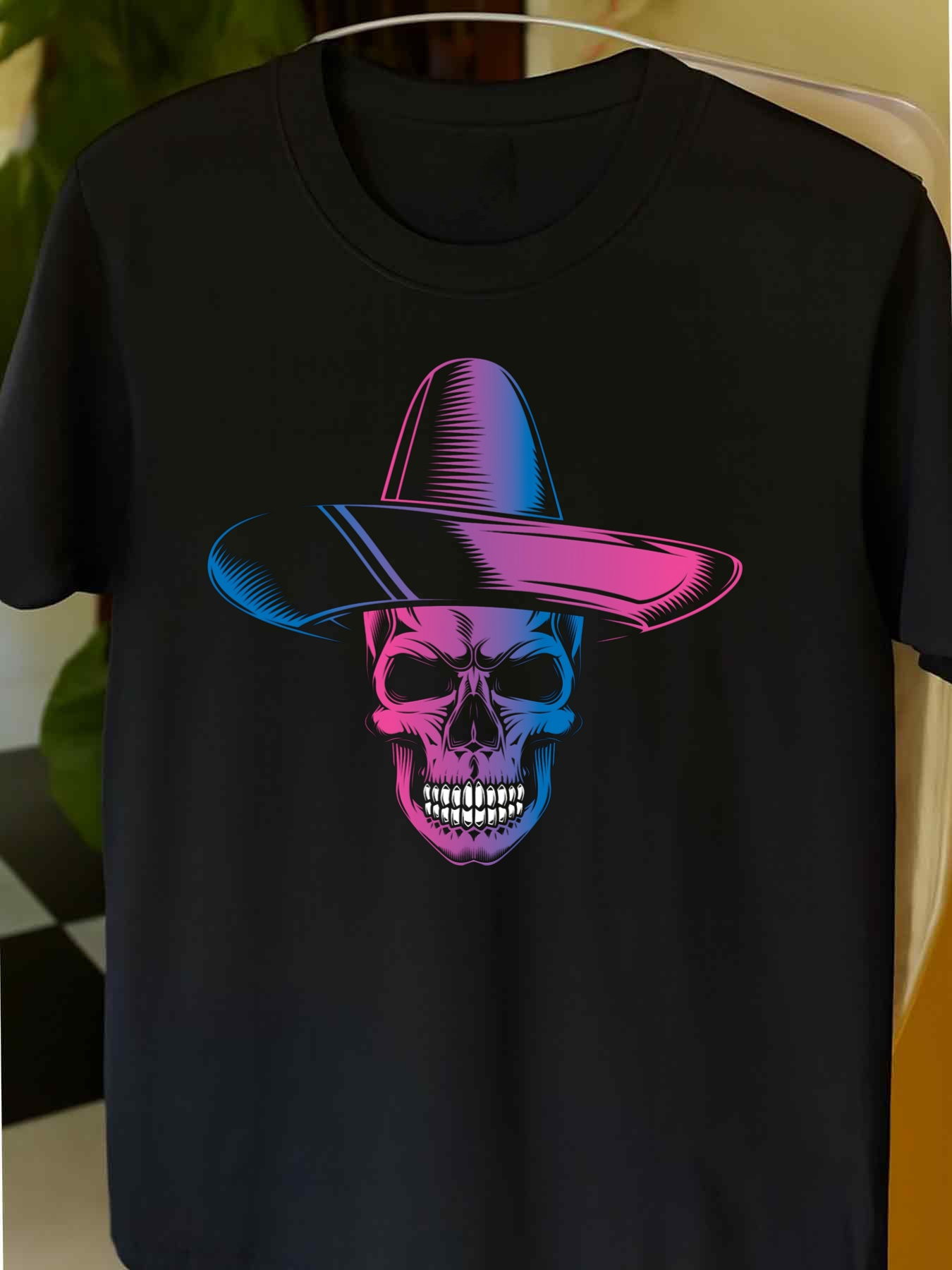 Men's Graphic T-Shirt Colorful Neon Glow With Grinning Skull Wearing A Wide Brimmed Hat