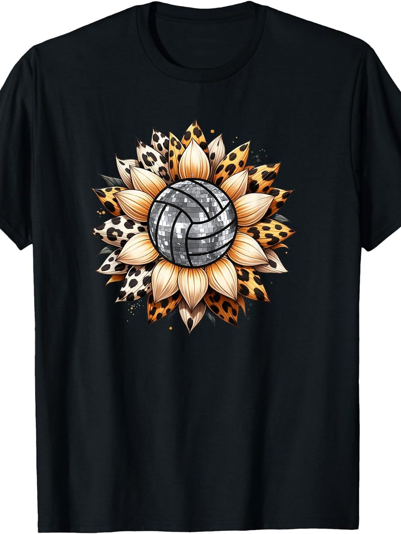 Men's Graphic T-Shirt Sunflower Petals With Leopard Pattern Encircling A Silver Volleyball