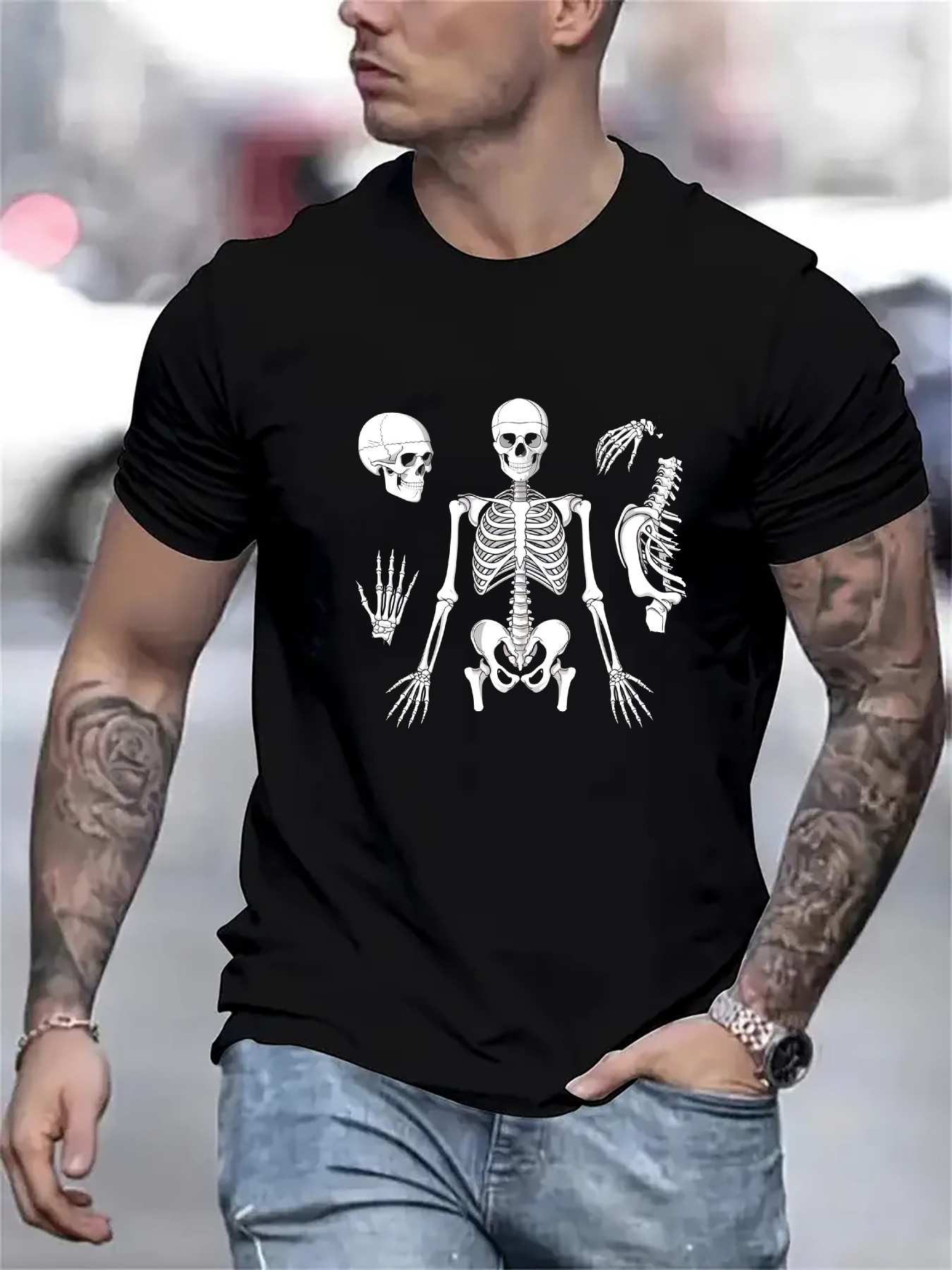 Men's Graphic T-Shirt Human Skeleton Anatomy Bones With Spine Ribcage And Skull Illustration