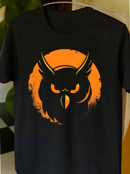 Men's Graphic T-Shirt Bold Orange Sunset With Sharp Silhouette Framing Fierce Staring Owl