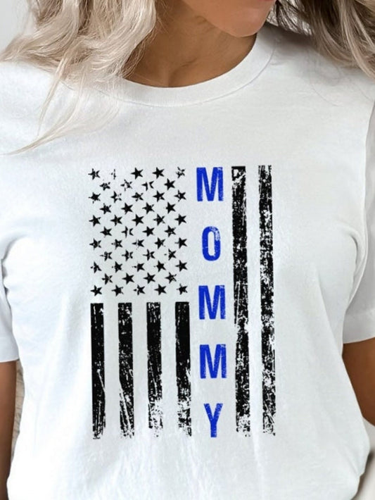 Women's Graphic T-Shirt Distressed American Flag With Vertical Blue Lettering Mommy