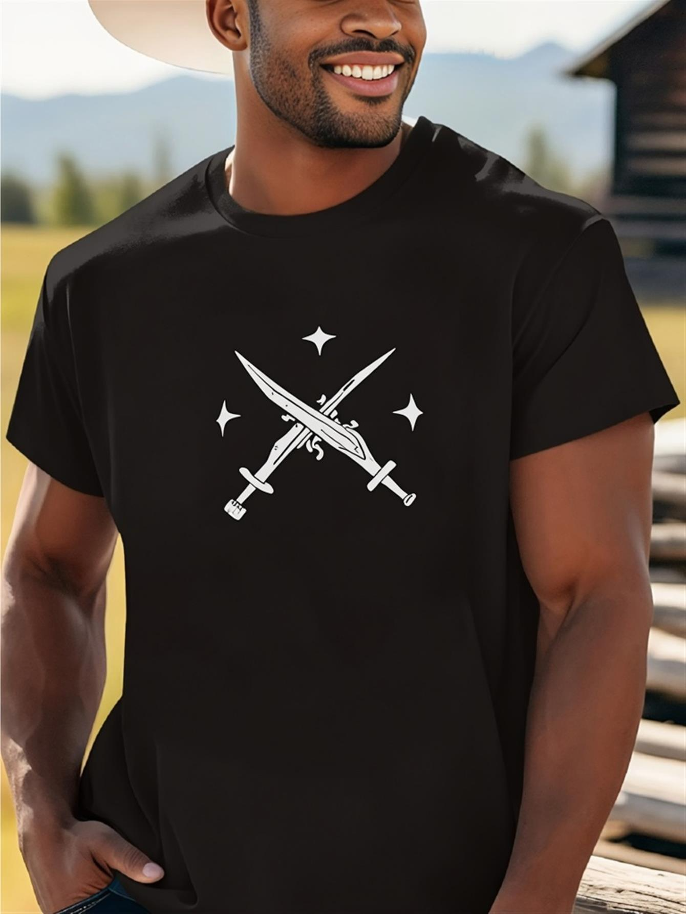 Men's Graphic T-Shirt Silver Stars Above Crossed Blades On Open Field Swords