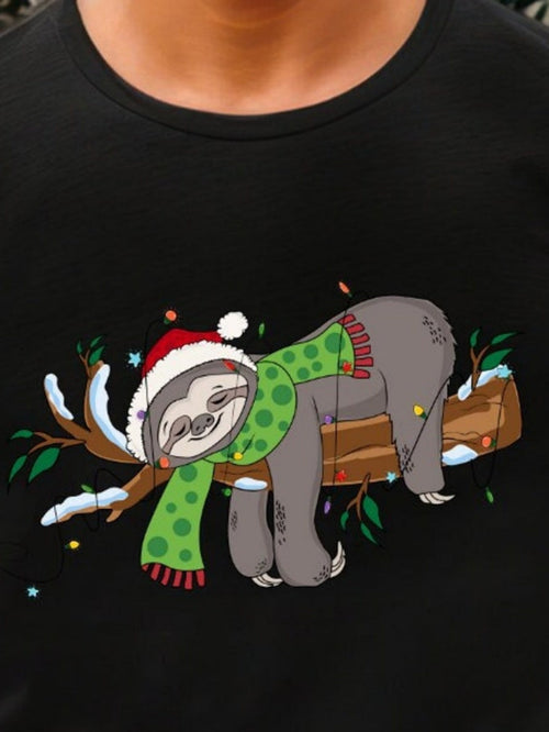 Men's Graphic T-Shirt Festive Holiday Sloth Wearing Green Scarf And Red Santa Hat