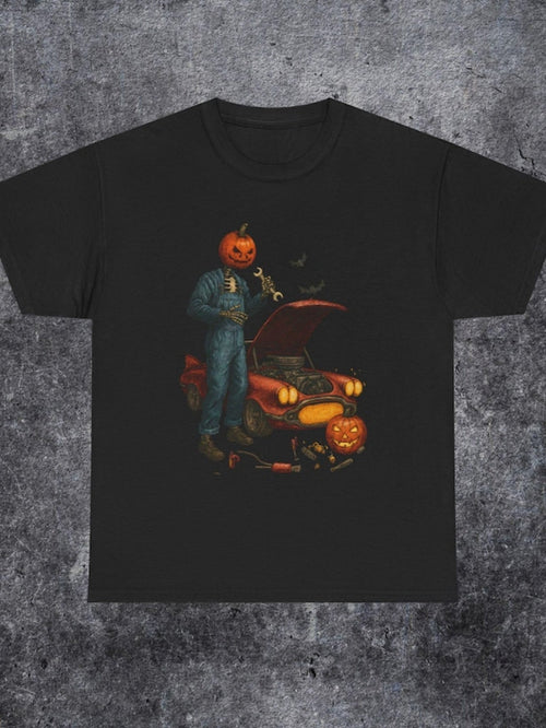 Men's Graphic T-Shirt Night Scene With Pumpkin Head Figure And Old Broken Car