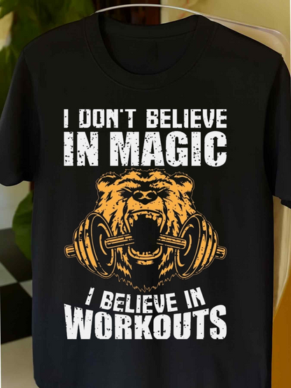 Men's Graphic T-Shirt I Dont Believe In Magic Fierce Roaring Bear With Dumbbells On Black T Shirt