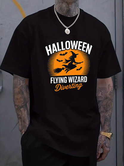 Men's Graphic T-Shirt Halloween Diverting Night Sky With Flying Witch And Bats Wizard