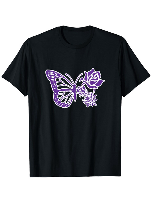 Men's Graphic T-Shirt Purple Outline Rose With Lavender Butterfly Graphic Butterfly