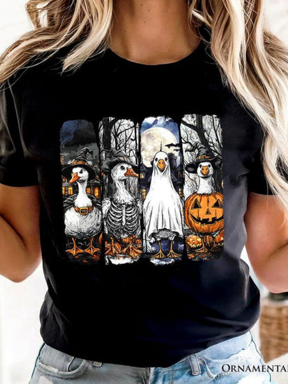 Women's Graphic T-Shirt Dark Forest With Halloween Pumpkins And Moonlit Geese Under Night Sky