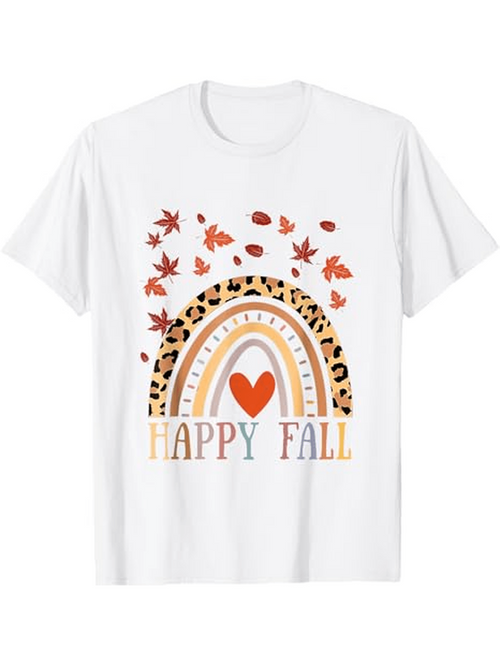Men's Graphic T-Shirt Happy Fall With Autumn Leaves Rainbow And Heart Graphic