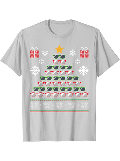 Men's Graphic T-Shirt Retro Sunglasses Christmas Tree With Snowflakes And Colorful Presents