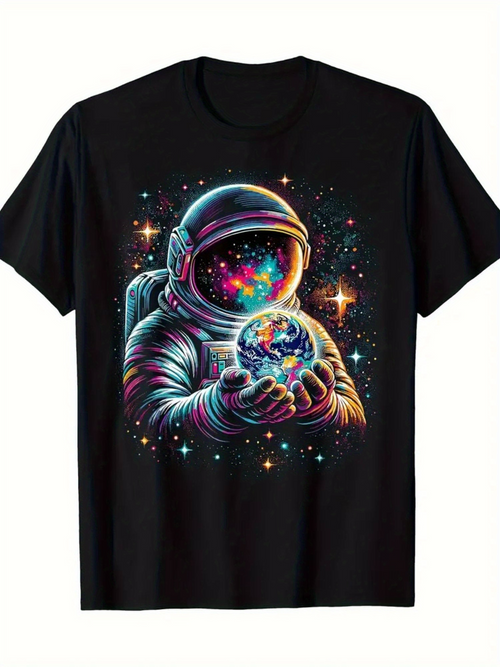 Men's Graphic T-Shirt Cosmic Astronaut Holding Glowing Universe Surrounded By Vibrant Stars Astronaut