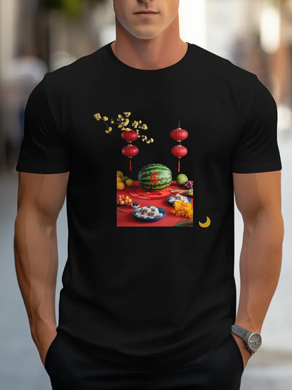 Men's Graphic T-Shirt Traditional Lanterns With Festive Fruits Watermelon On Table