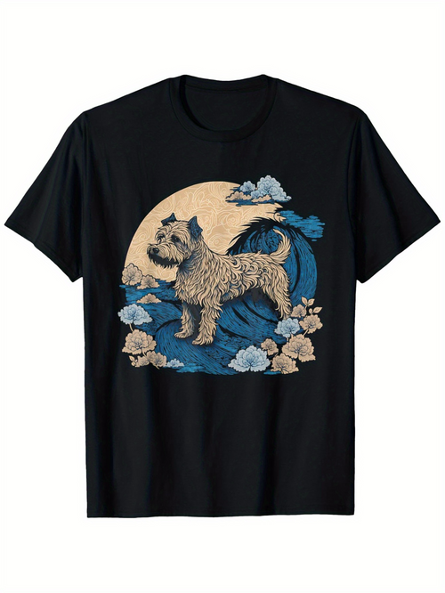 Men's Graphic T-Shirt Whimsical Clouds And Waves With Energetic Dog Standing Proudly