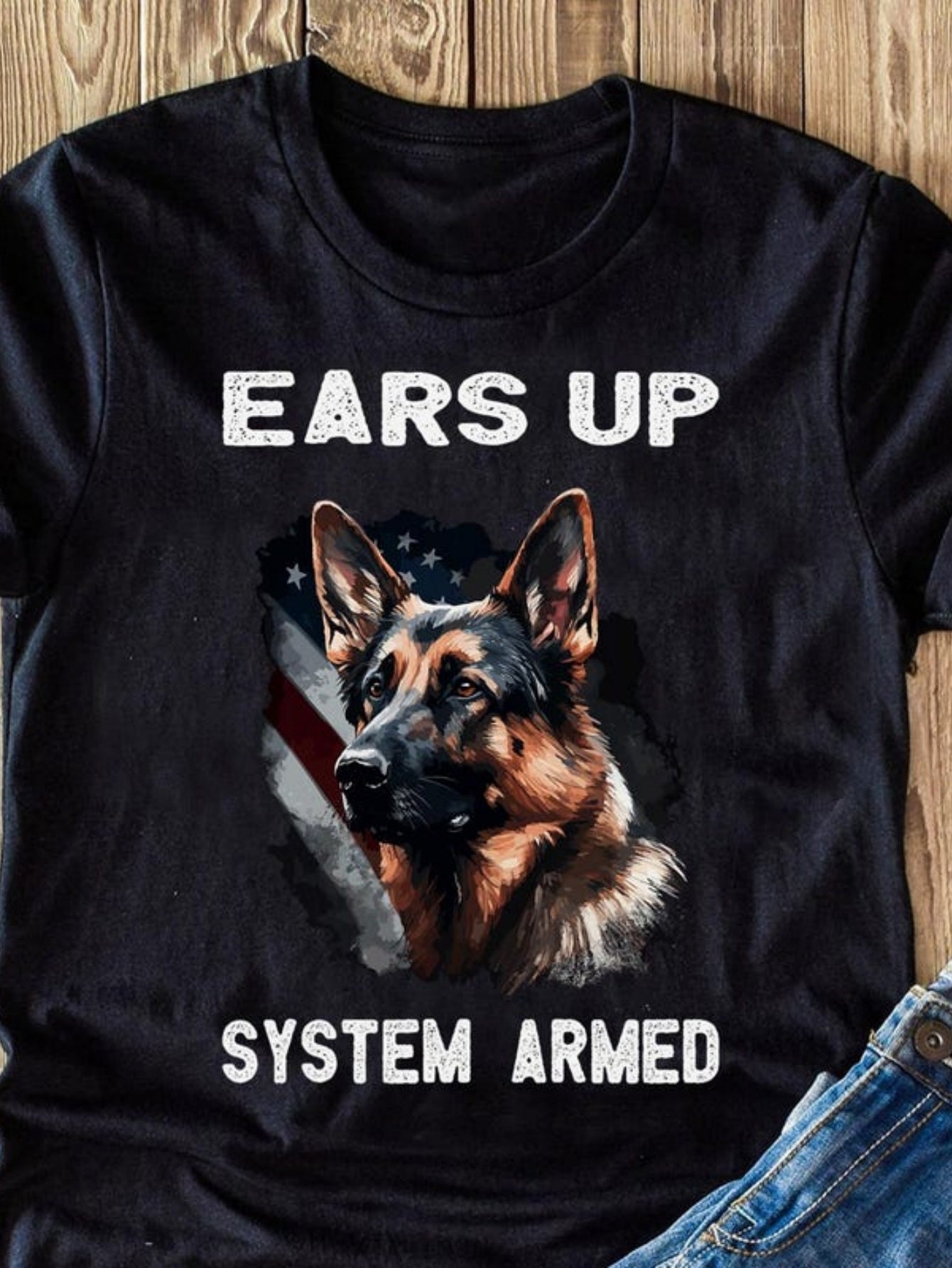 Men's Graphic T-Shirt Ears Up Patriotic Flag Among Police Guard German Shepherd