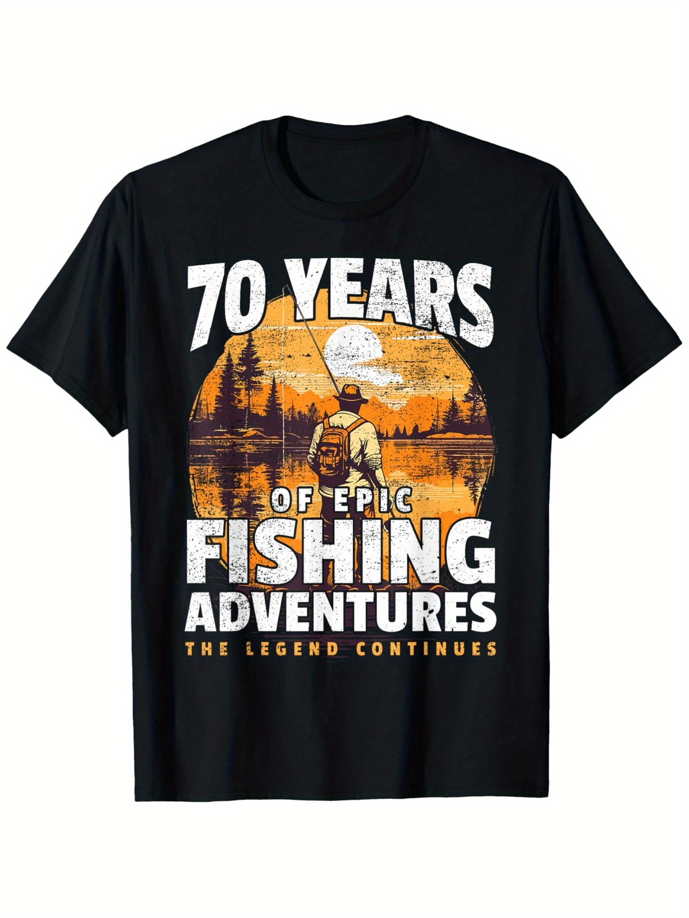 Men's Graphic T-Shirt Seventy Years Of Epic Fishing Among Trees And Water Under Orange Sunset Adventure